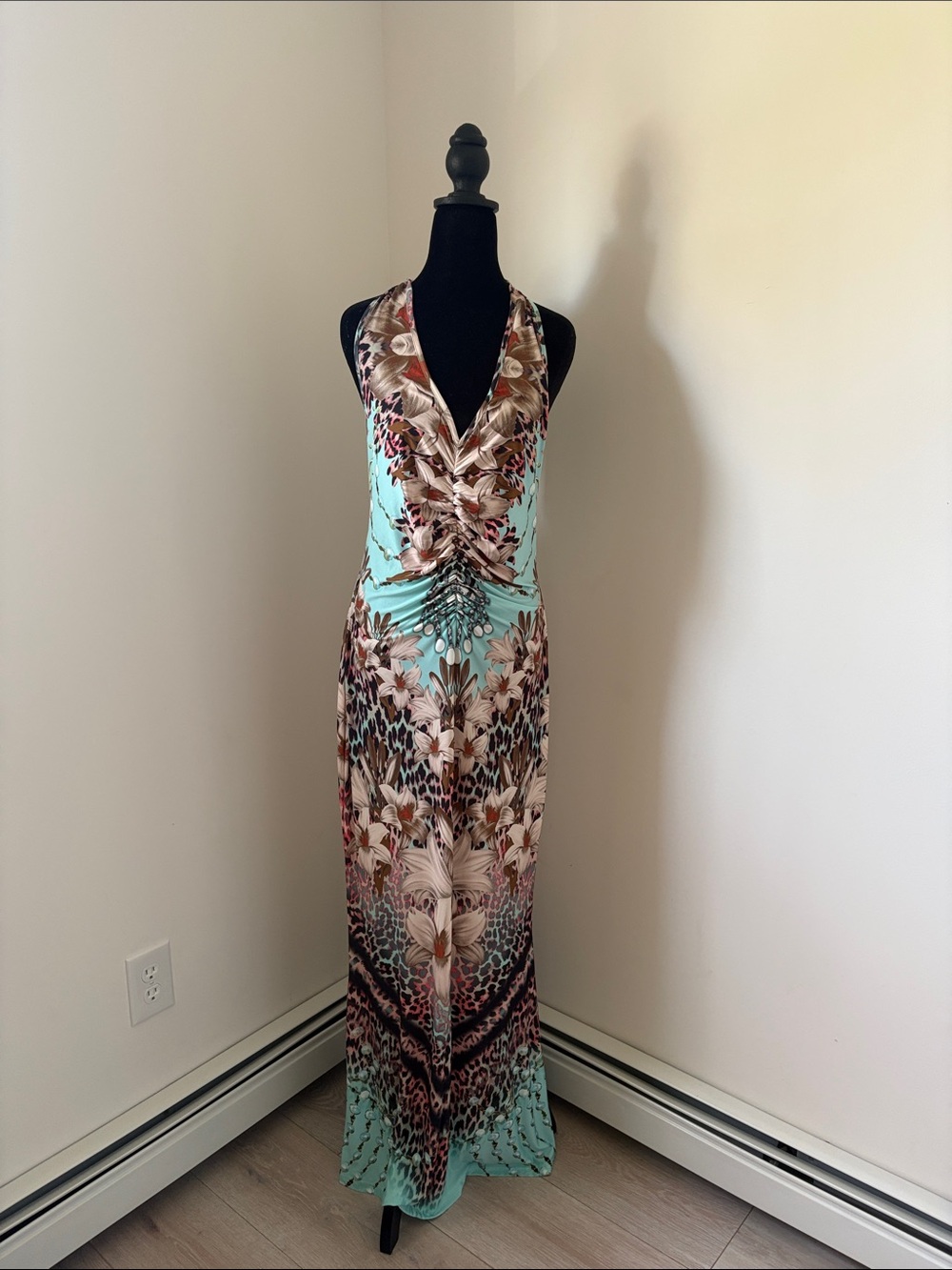 VENUS Aqua and Brown Floral-Print Halter Maxi Dress